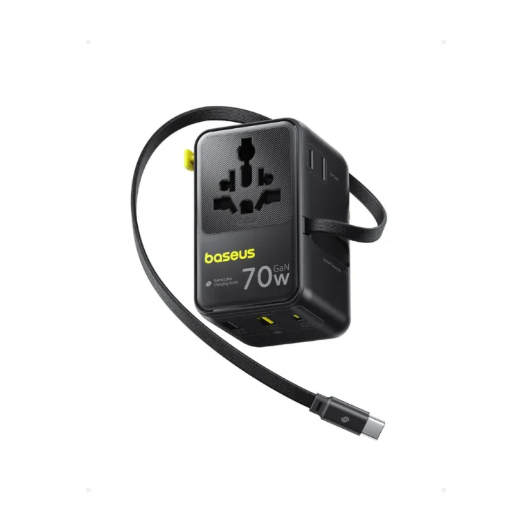 Baseus EnerCore CG11 70W GaN travel adapter with retractable cable, Baseus CG11 6-in-1 universal adapter, Baseus CG11 charging MacBook Pro, Baseus EnerCore compact travel charger