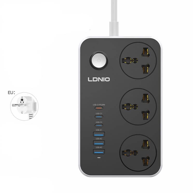LDNIO SC3604C power strip with 3 USB-C and 3 USB-A ports, LDNIO SC3604C charging multiple devices, LDNIO surge protector power strip, LDNIO IP67 power strip for trave