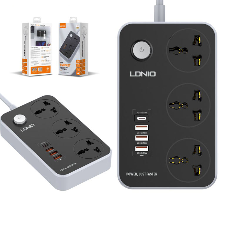 LDNIO SC3412 38W power strip with USB-C PD, LDNIO SC3412 charging laptop and phone, LDNIO universal power strip with 3 outlets, LDNIO compact power strip for desk