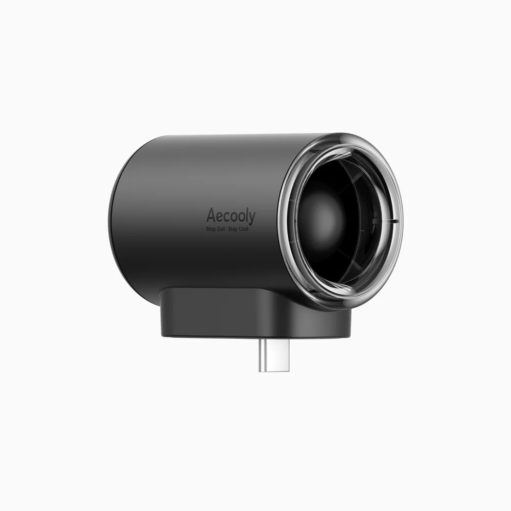 Aecooly Air Mate Type-C phone fan plugged into smartphone, Aecooly pocket-sized portable fan, Aecooly fan with multiple speed settings, Aecooly Air Mate for travel and commuting