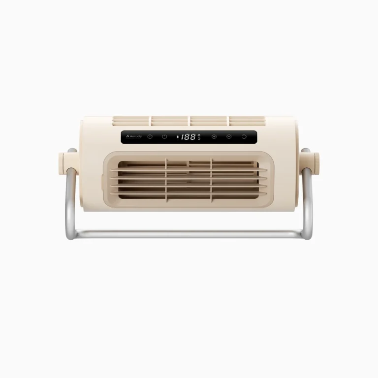 Aecooly Tower 01 cordless tower fan with remote control, Aecooly tower fan on desk and wall mounted, Aecooly LED display and controls, Aecooly space-saving tower fan for bedroom