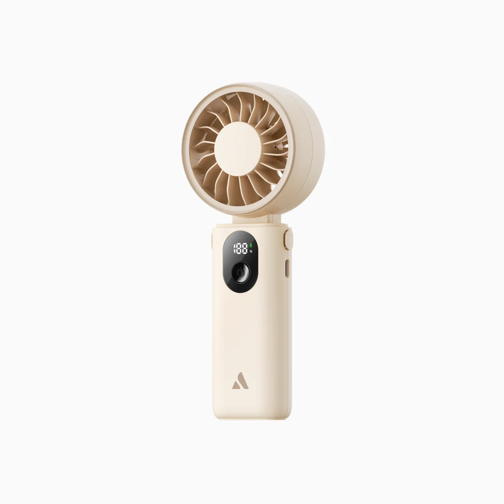 Aecooly Halo 04 3-in-1 portable handheld fan, Aecooly Halo 04 with lanyard for neck hanging, Aecooly dual air channels fan, Aecooly Halo 04 on desk and handheld use