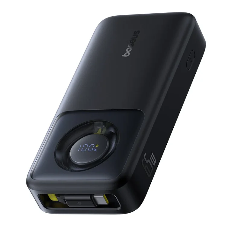 Baseus NOMOS power bank with retractable Type-C cable, Baseus 65W 20000mAh laptop charging, Baseus NOMOS LED display power bank, Baseus black and purple power bank