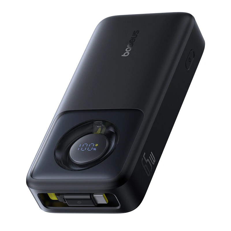 Baseus NOMOS power bank with retractable Type-C cable, Baseus 65W 20000mAh laptop charging, Baseus NOMOS LED display power bank, Baseus black and purple power bank