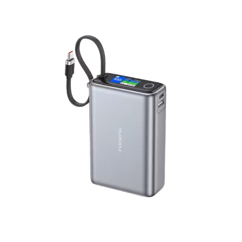 Foneng PX132 20000mAh color display power bank, Foneng PX132 65W fast charging, Foneng PX132 with TYPE-C cable output, Foneng PX132 silver and dark gray