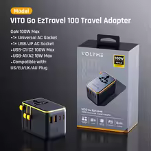 Vito Go EzTravel 100 100W universal travel adapter, Vito EzTravel 100 with 2 USB-C and 2 USB-A ports, Vito GaN travel adapter with interchangeable plugs, Vito Go EzTravel 100 charging laptop and phone