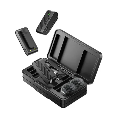 Ulanzi A100 wireless lavalier microphone with charging case, Ulanzi A100 dual transmitter microphone system, Ulanzi A100 for smartphone and camera recording, Ulanzi A100 with magnetic clip attachment