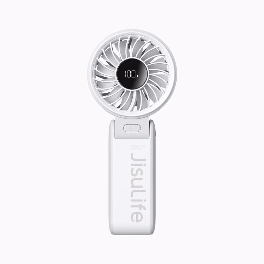 JisuLife Handheld Fan Life7 3-in-1 foldable design, JisuLife Life7 with 12-blade system and digital display, JisuLife portable fan with lanyard for neck use, JisuLife Life7 white dark gray and pink colors