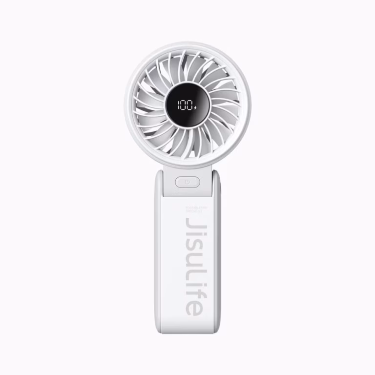 JisuLife Handheld Fan Life7 3-in-1 foldable design, JisuLife Life7 with 12-blade system and digital display, JisuLife portable fan with lanyard for neck use, JisuLife Life7 white dark gray and pink colors